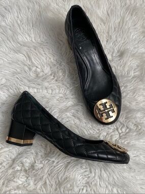 Tory Burch Black Quilted Leather Block Heel Pumps with Gold Medallion